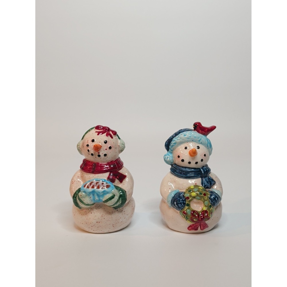 Christmas Snowman Salt & Pepper Shakers Set Ceramic Holiday w/ Cardinal